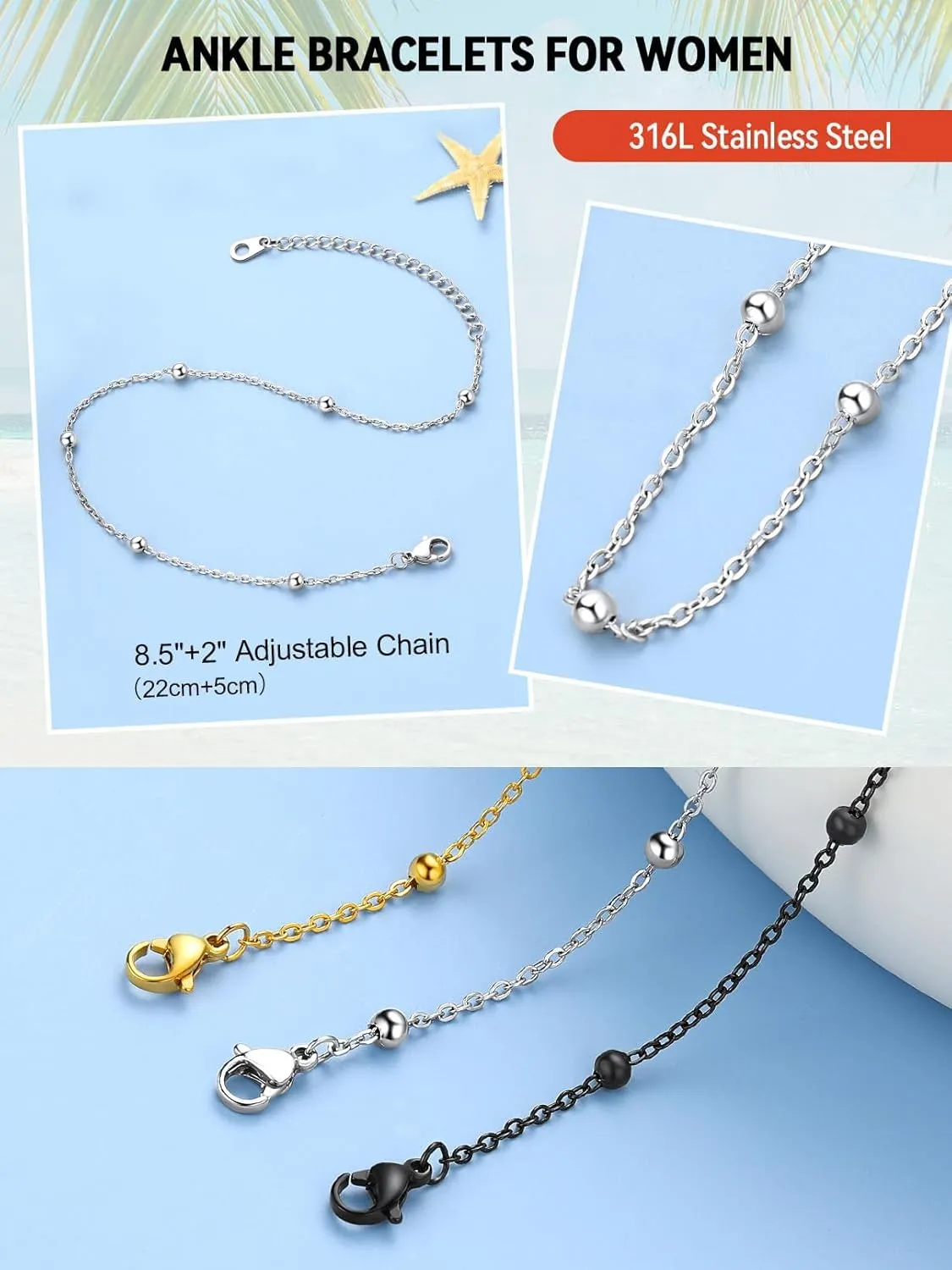 FaithHeart Ankle Bracelets for Women Silver Anklets for Women Waterproof Stainless Steel Miami Cuban Link/Beaded/Figaro Anklets Adjustable Length Summer Beach Foot Jewelry with Gift Box