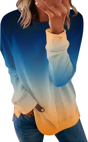 Fall Neon Gradient Women Sweat Shirts Casual Crew Neck Sweatshirts Loose Oversized Long Sleeve Pullover Tops