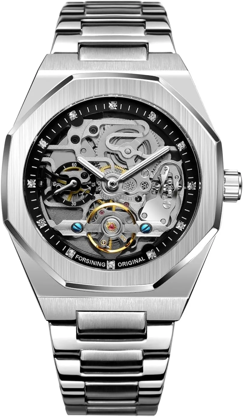 FANMIS Classic Mens Skeleton Automatic Mechanical Watches Luxury Carving Flower Craft Watch with Stainless Steel Waterproof Bracelet Wrist Watch