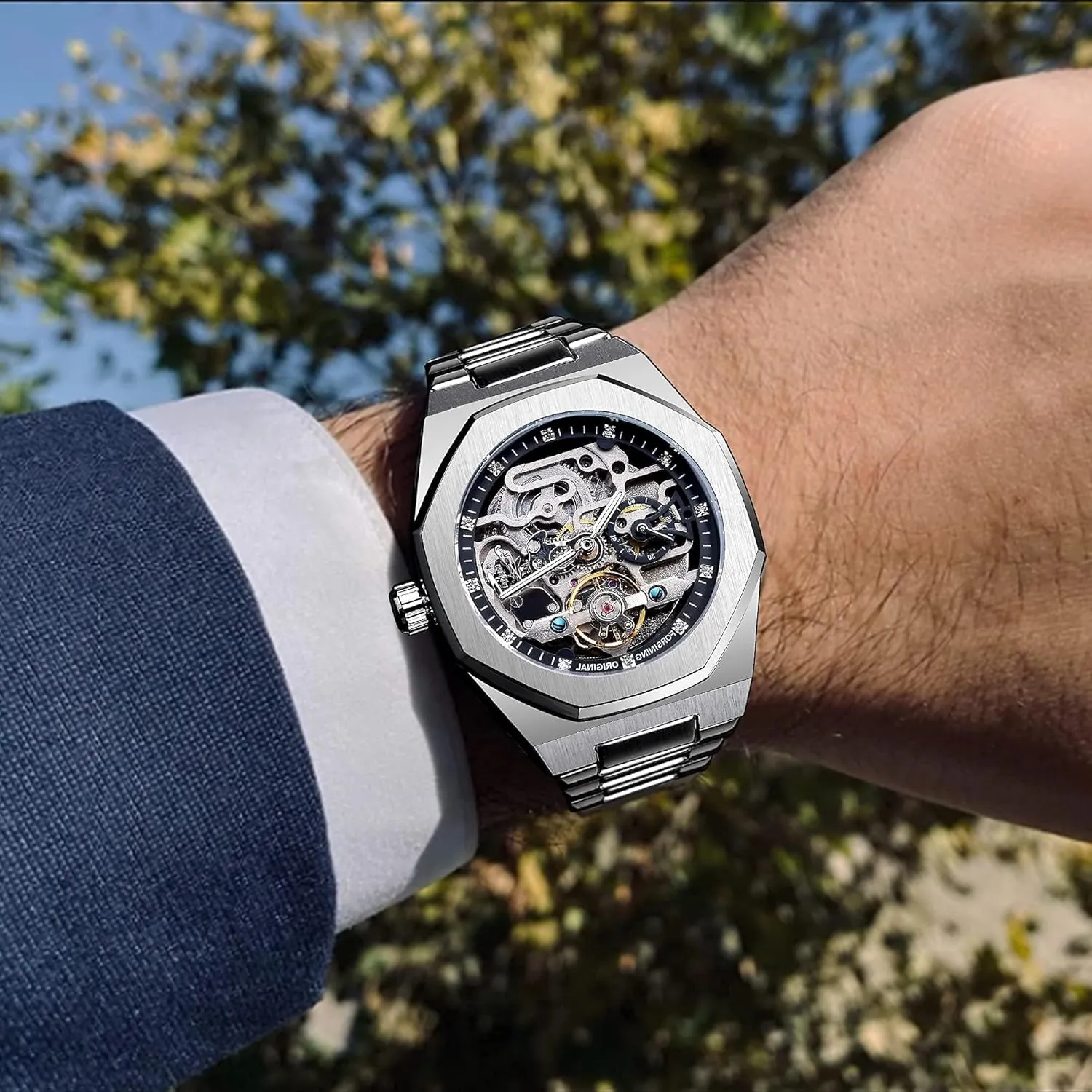 FANMIS Classic Mens Skeleton Automatic Mechanical Watches Luxury Carving Flower Craft Watch with Stainless Steel Waterproof Bracelet Wrist Watch