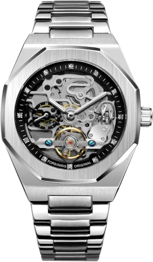 FANMIS Classic Mens Skeleton Automatic Mechanical Watches Luxury Carving Flower Craft Watch with Stainless Steel Waterproof Bracelet Wrist Watch