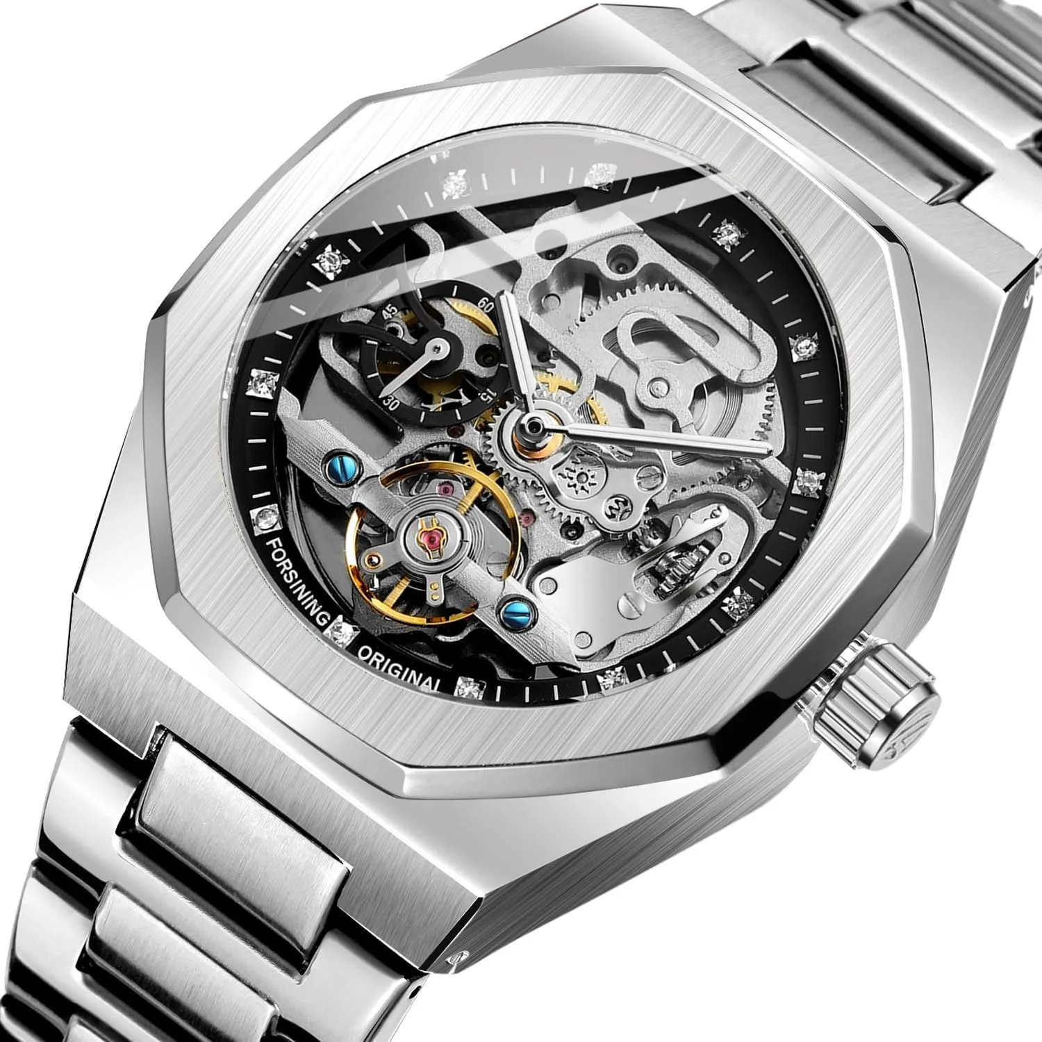 FANMIS Classic Mens Skeleton Automatic Mechanical Watches Luxury Carving Flower Craft Watch with Stainless Steel Waterproof Bracelet Wrist Watch