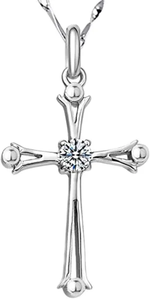 Fashion Jewelry 925 Sterling Silver Inlaid Crystal Cubic Zirconia Cross Pendant Necklace