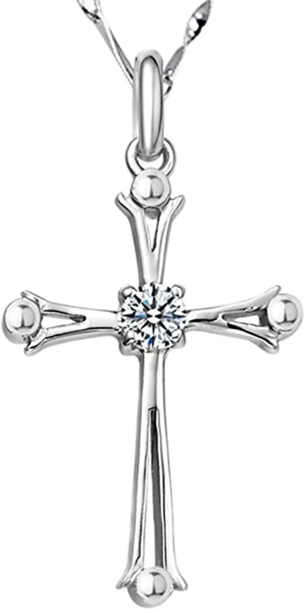 Fashion Jewelry 925 Sterling Silver Inlaid Crystal Cubic Zirconia Cross Pendant Necklace