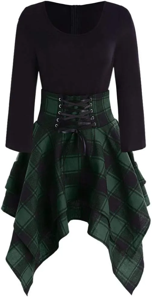 Fashion Women Long Sleeve O-Neck Lace Up Tartan Plaid Print Asymmetrical Dress Women Plus Size Dress