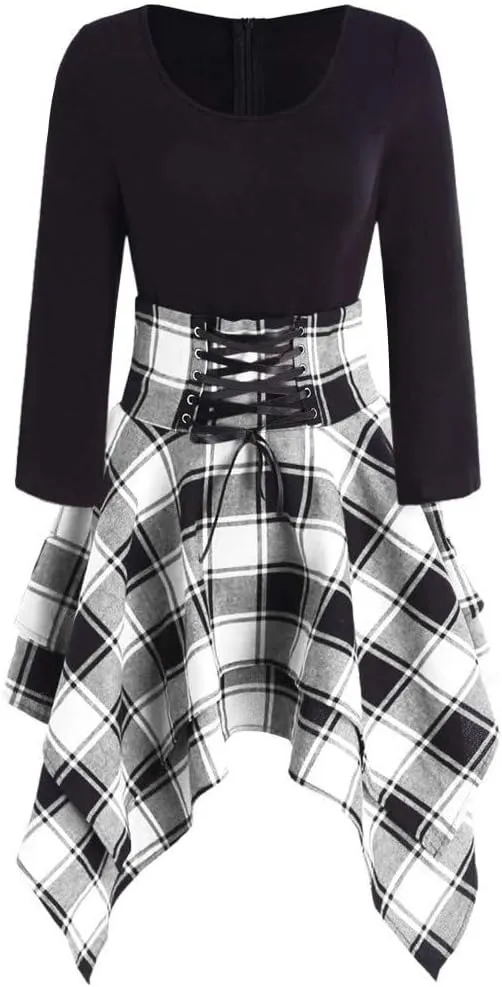 Fashion Women Long Sleeve O-Neck Lace Up Tartan Plaid Print Asymmetrical Dress Women Plus Size Dress