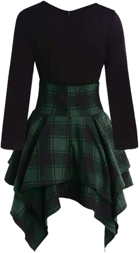Fashion Women Long Sleeve O-Neck Lace Up Tartan Plaid Print Asymmetrical Dress Women Plus Size Dress