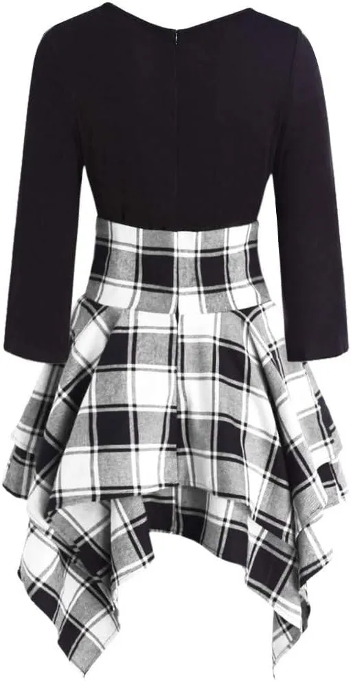 Fashion Women Long Sleeve O-Neck Lace Up Tartan Plaid Print Asymmetrical Dress Women Plus Size Dress
