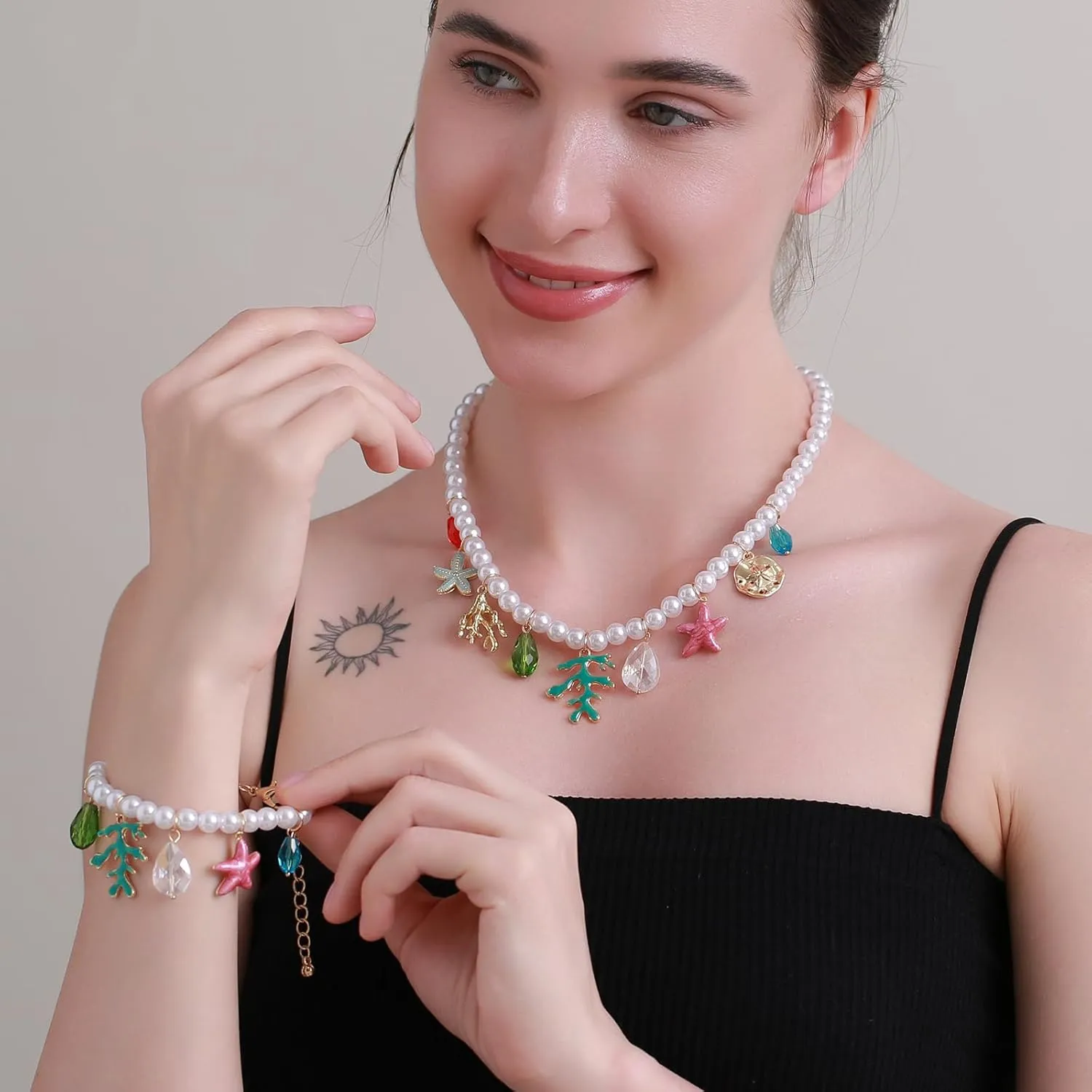 Faux Pearl Necklace and Bracelet Set with Multiple Charms - Starfish, Seashell, Coral, Cherry, Strawberry and Camellia Costume Jewelry Set