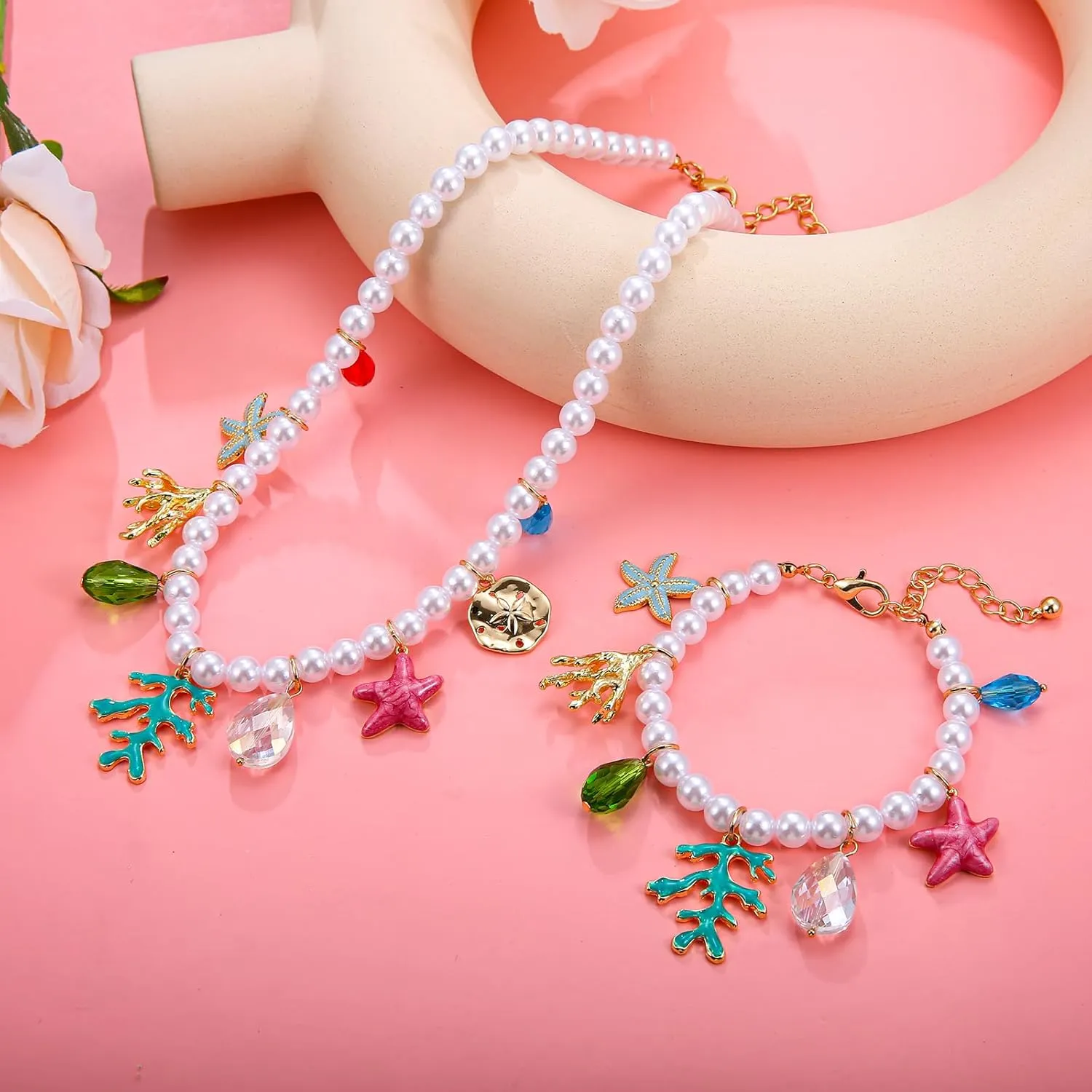 Faux Pearl Necklace and Bracelet Set with Multiple Charms - Starfish, Seashell, Coral, Cherry, Strawberry and Camellia Costume Jewelry Set