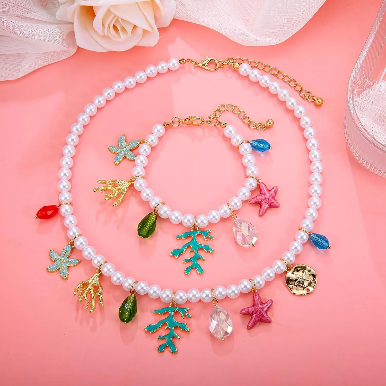 Faux Pearl Necklace and Bracelet Set with Multiple Charms - Starfish, Seashell, Coral, Cherry, Strawberry and Camellia Costume Jewelry Set