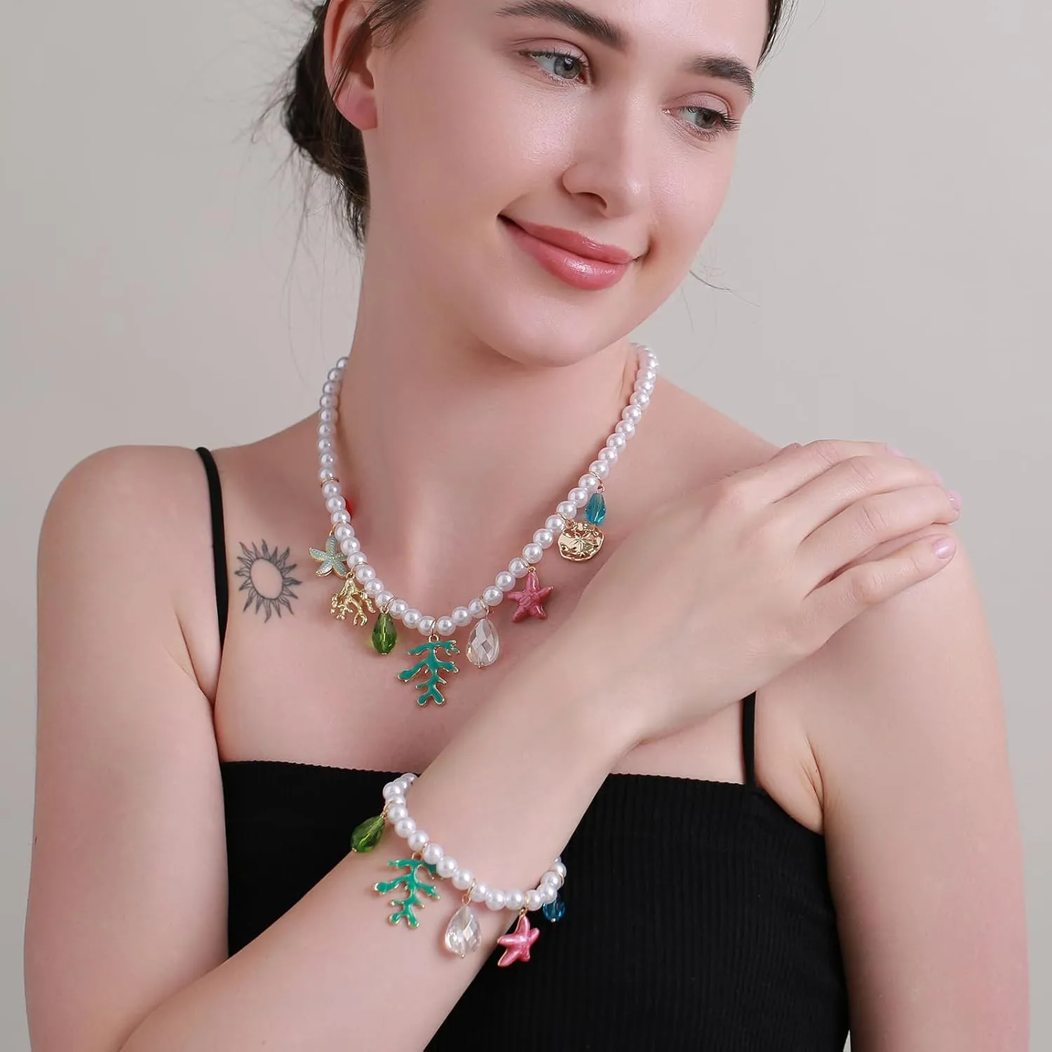 Faux Pearl Necklace and Bracelet Set with Multiple Charms - Starfish, Seashell, Coral, Cherry, Strawberry and Camellia Costume Jewelry Set