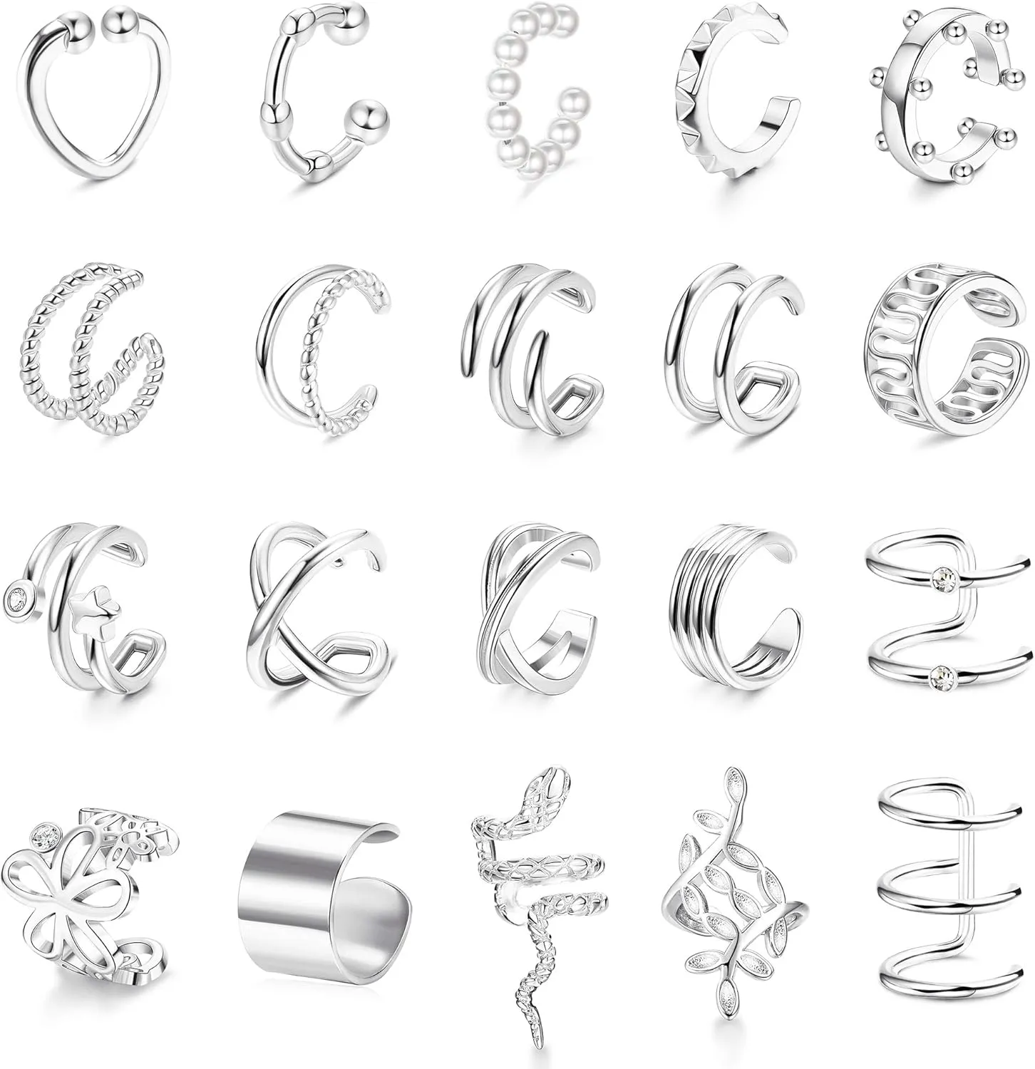 FIBO STEEL 20Pcs Ear Cuffs Earrings Set for Women Non-Piercing Dainty Cartilage Ear Clip On Wrap Earring Set Adjustable