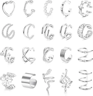 FIBO STEEL 20Pcs Ear Cuffs Earrings Set for Women Non-Piercing Dainty Cartilage Ear Clip On Wrap Earring Set Adjustable