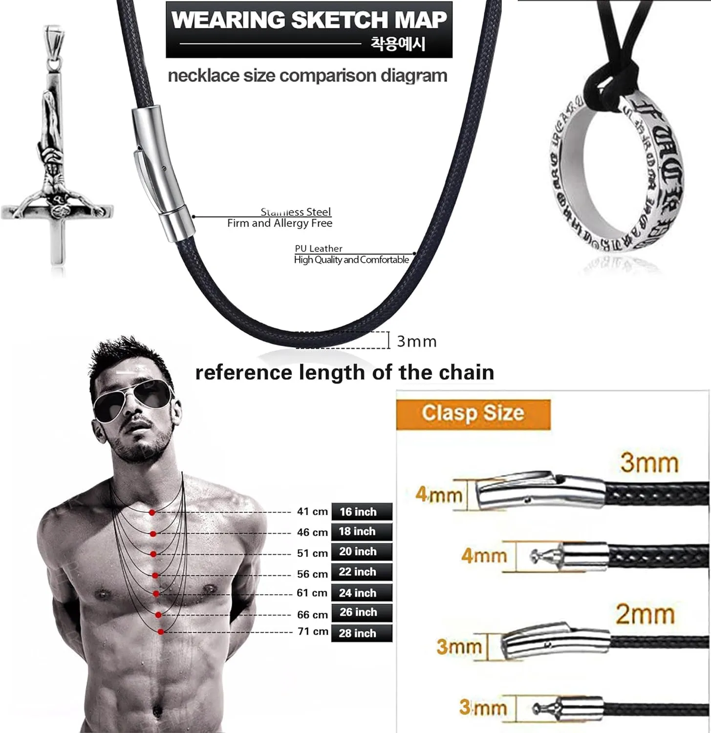 Findout Handmade 3mm black Waterproof Braided Leather Necklace With Stainless Steel bayonet Clasp Unisex Wax Rope Chain Necklace For Women Men 14-36inch