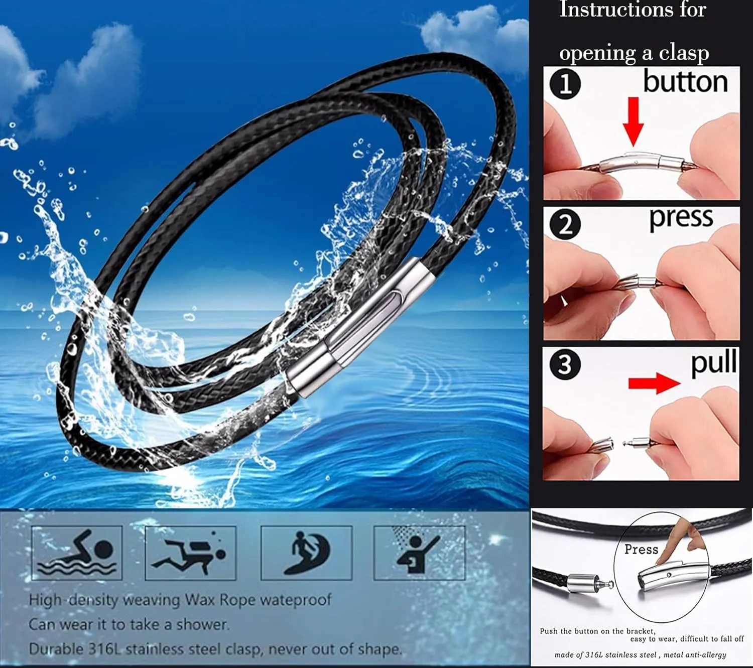 Findout Handmade 3mm black Waterproof Braided Leather Necklace With Stainless Steel bayonet Clasp Unisex Wax Rope Chain Necklace For Women Men 14-36inch