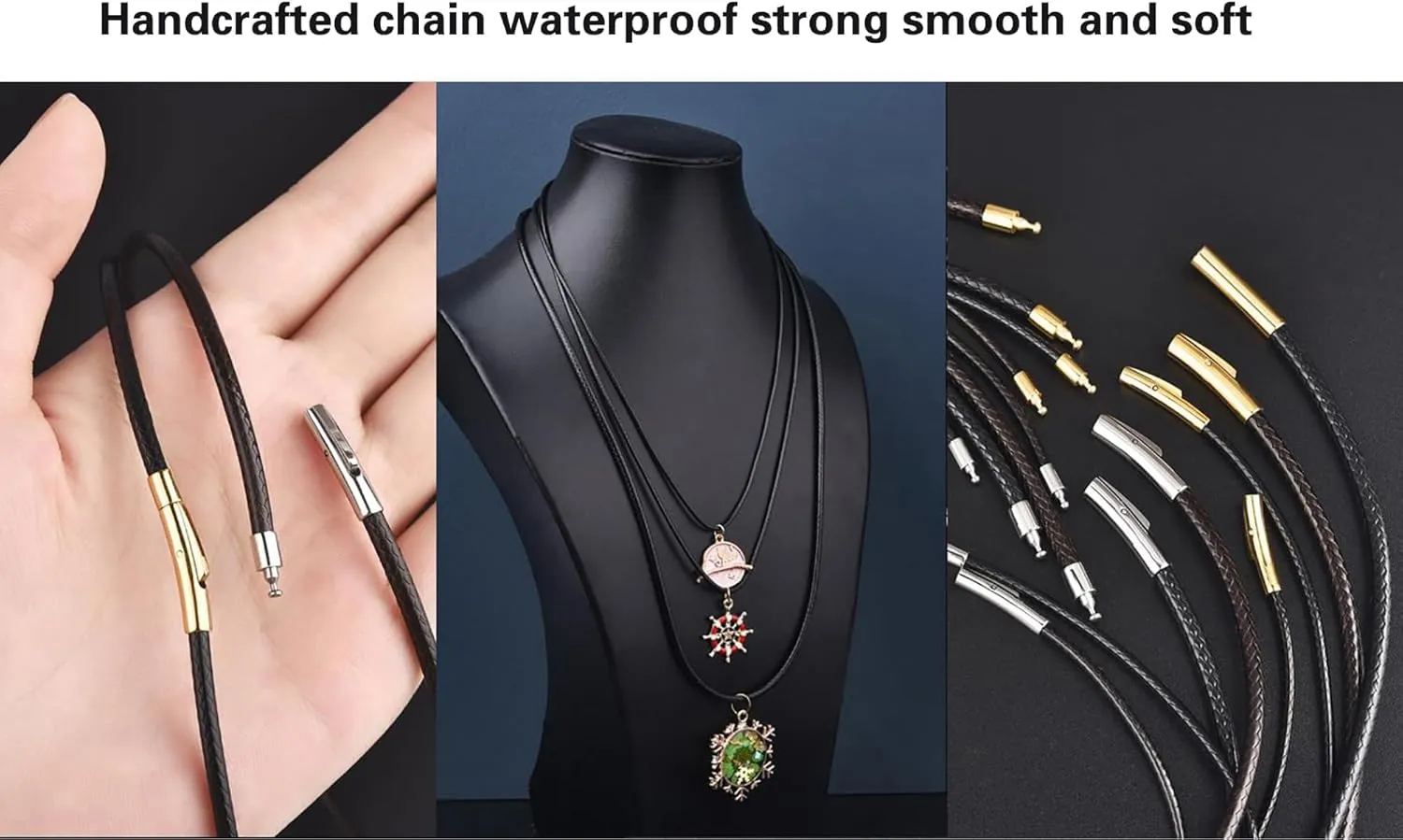 Findout Handmade 3mm black Waterproof Braided Leather Necklace With Stainless Steel bayonet Clasp Unisex Wax Rope Chain Necklace For Women Men 14-36inch