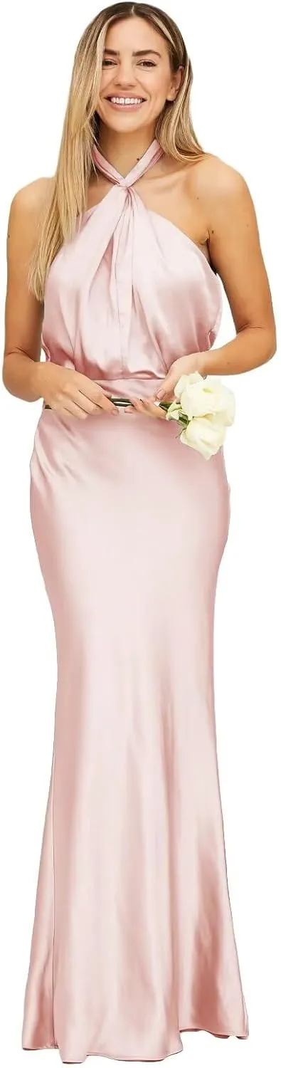 Fivsole Satin Halter Bridesmaid Dresses for Women Long Formal Evening Gowns