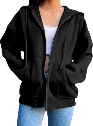 Fleece Hoodies for Women Solid Color Long Sleeve Drawstring Hooded Zip Up Thick Warm Coats Trendy Open Front Jackets