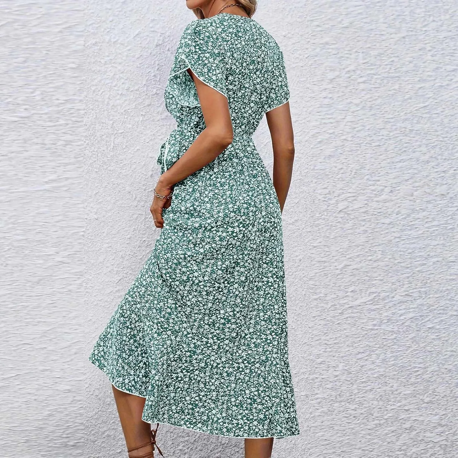 Floral Midi Dress for Women Flowy Vintage Casual A Line Wrap Dress Beach Vacation Trendy Boho V Neck Sundress