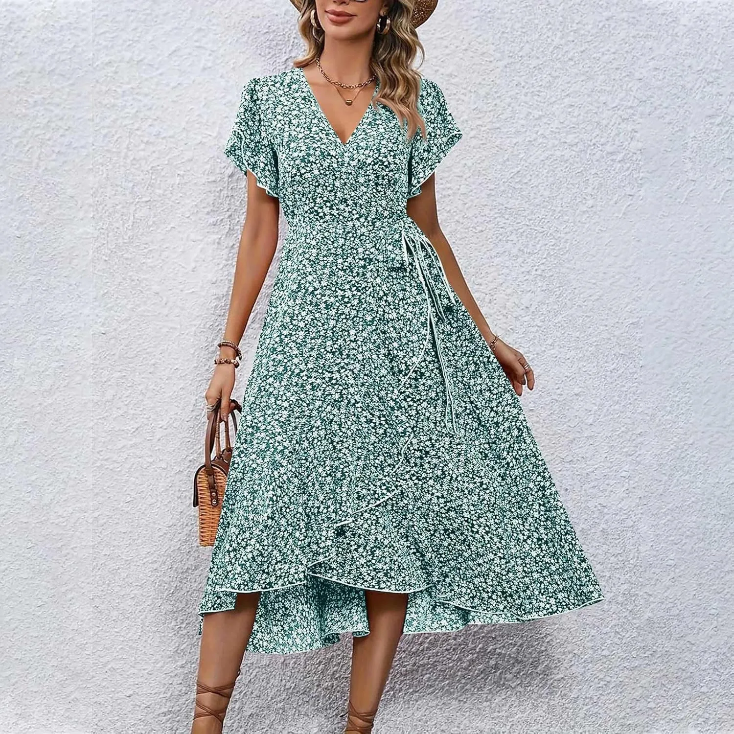 Floral Midi Dress for Women Flowy Vintage Casual A Line Wrap Dress Beach Vacation Trendy Boho V Neck Sundress