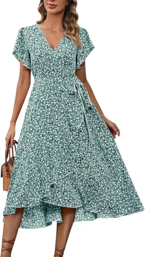 Floral Midi Dress for Women Flowy Vintage Casual A Line Wrap Dress Beach Vacation Trendy Boho V Neck Sundress