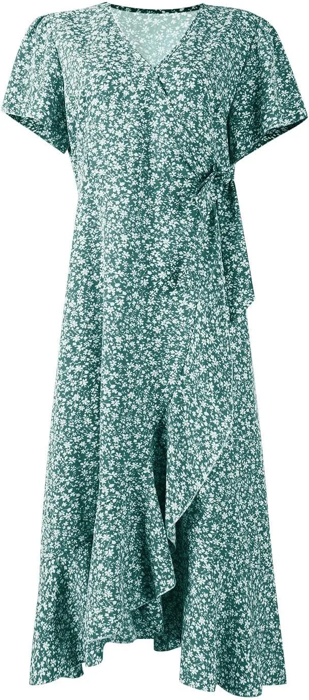 Floral Midi Dress for Women Flowy Vintage Casual A Line Wrap Dress Beach Vacation Trendy Boho V Neck Sundress
