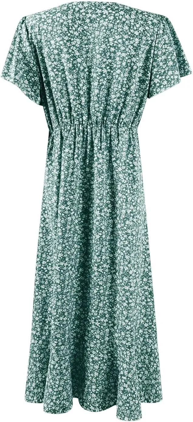 Floral Midi Dress for Women Flowy Vintage Casual A Line Wrap Dress Beach Vacation Trendy Boho V Neck Sundress