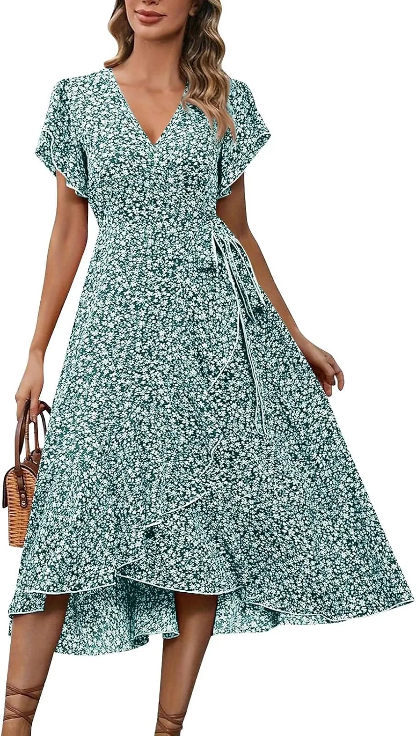 Floral Midi Dress for Women Flowy Vintage Casual A Line Wrap Dress Beach Vacation Trendy Boho V Neck Sundress