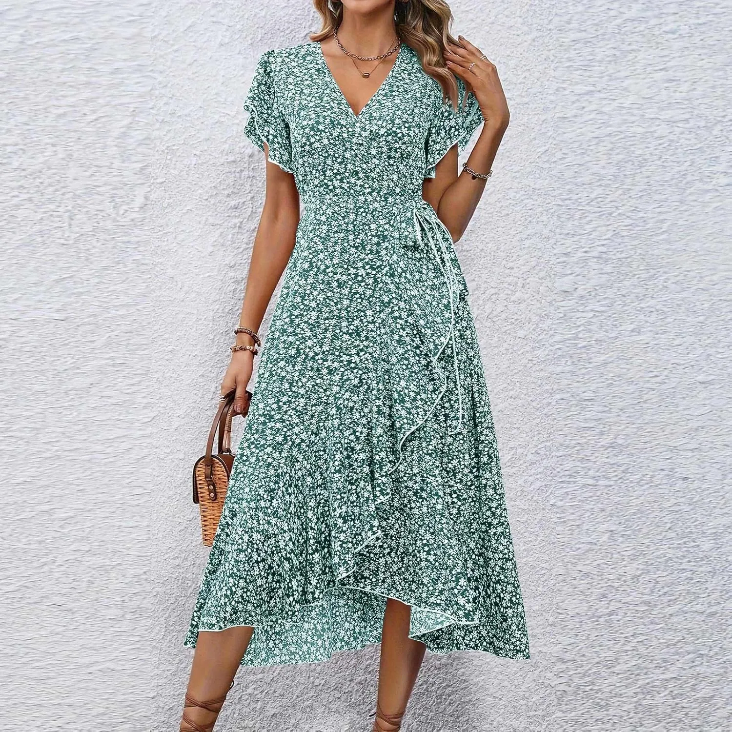 Floral Midi Dress for Women Flowy Vintage Casual A Line Wrap Dress Beach Vacation Trendy Boho V Neck Sundress