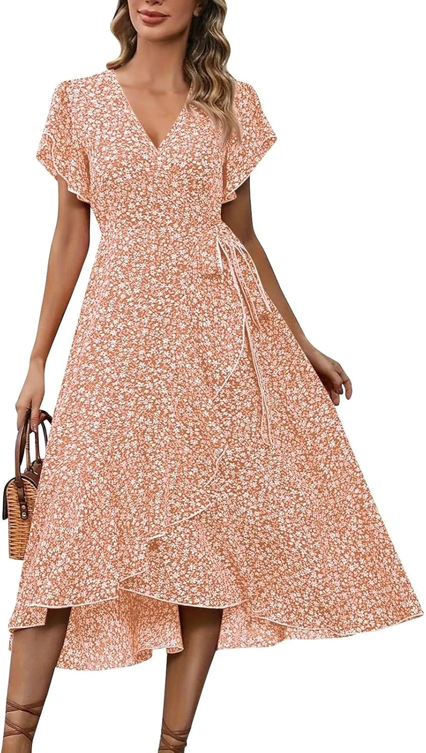 Floral Midi Dress for Women Summer V Neck Flutter Sleeve Empire Waist Belted Ruffle Midi Dress for Wedding Guest