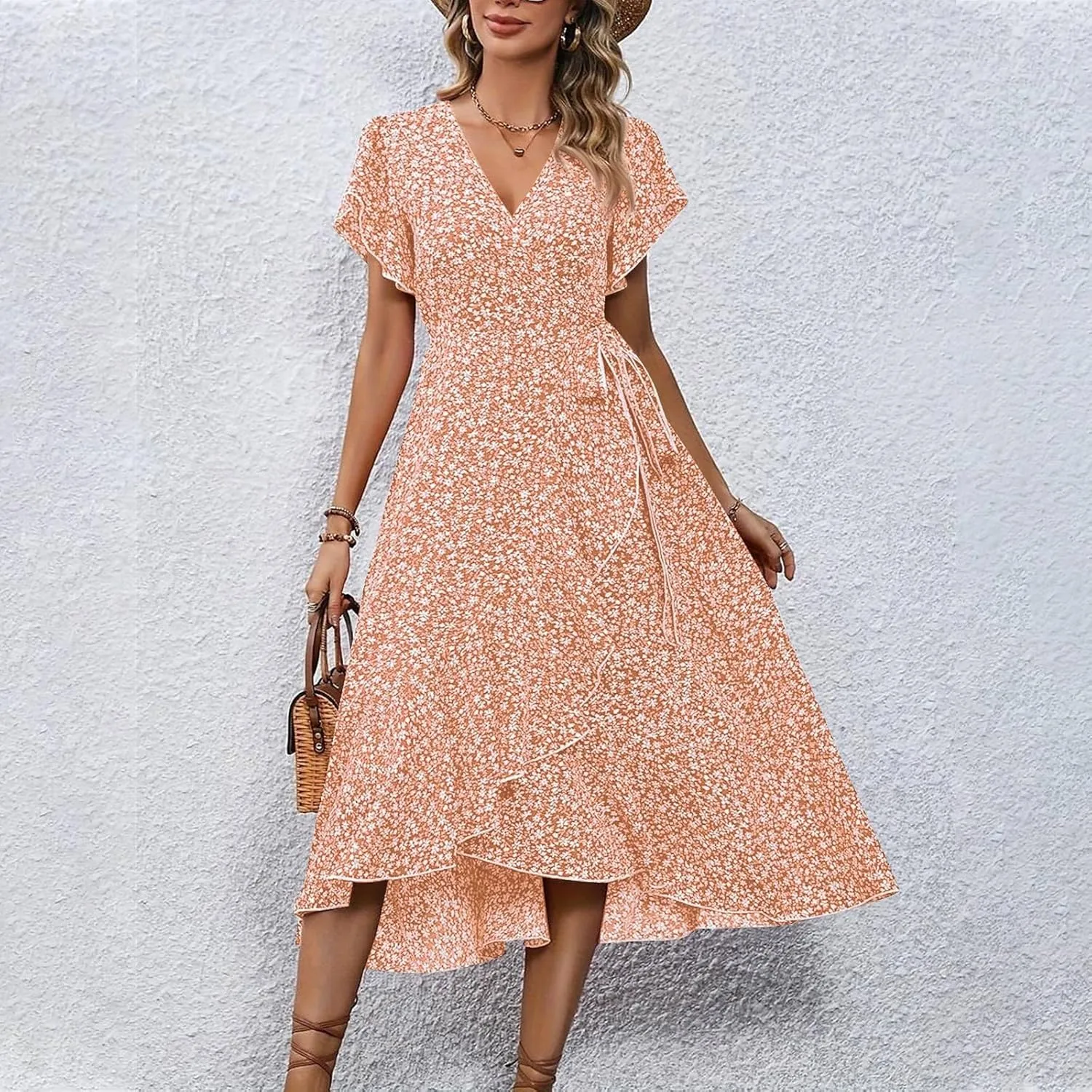 Floral Midi Dress for Women Summer V Neck Flutter Sleeve Empire Waist Belted Ruffle Midi Dress for Wedding Guest