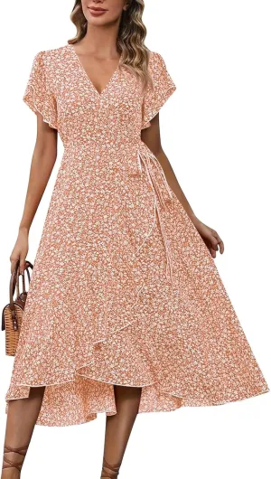 Floral Midi Dress for Women Summer V Neck Flutter Sleeve Empire Waist Belted Ruffle Midi Dress for Wedding Guest