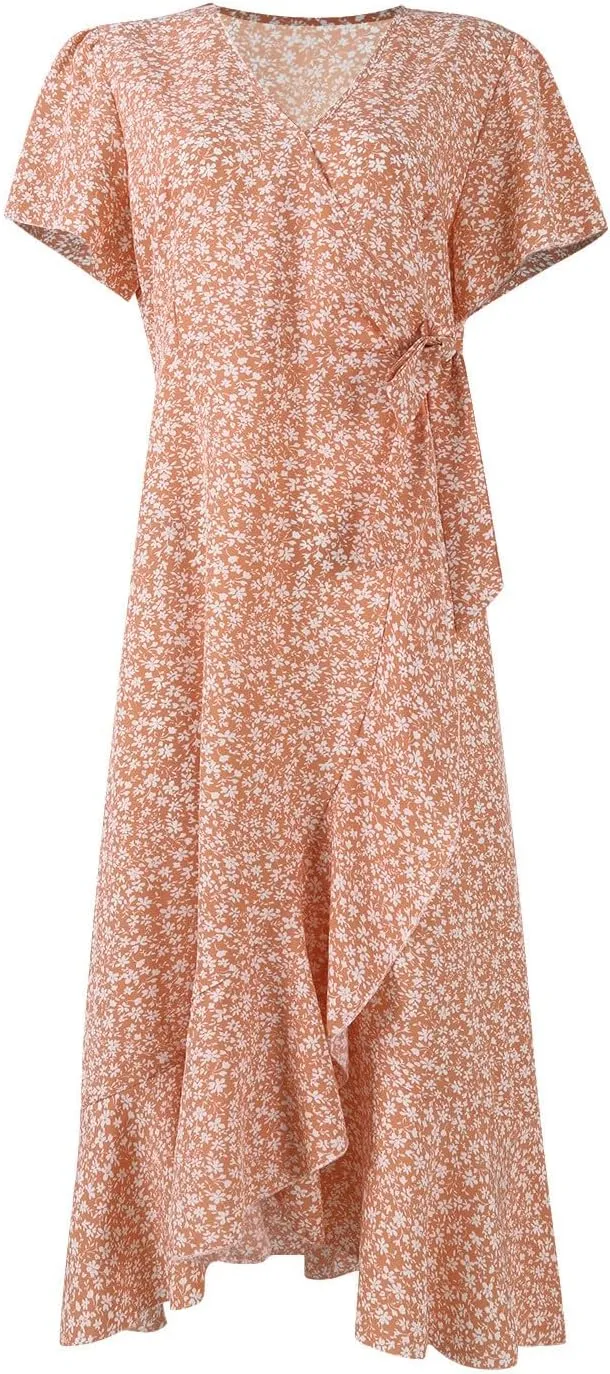 Floral Midi Dress for Women Summer V Neck Flutter Sleeve Empire Waist Belted Ruffle Midi Dress for Wedding Guest