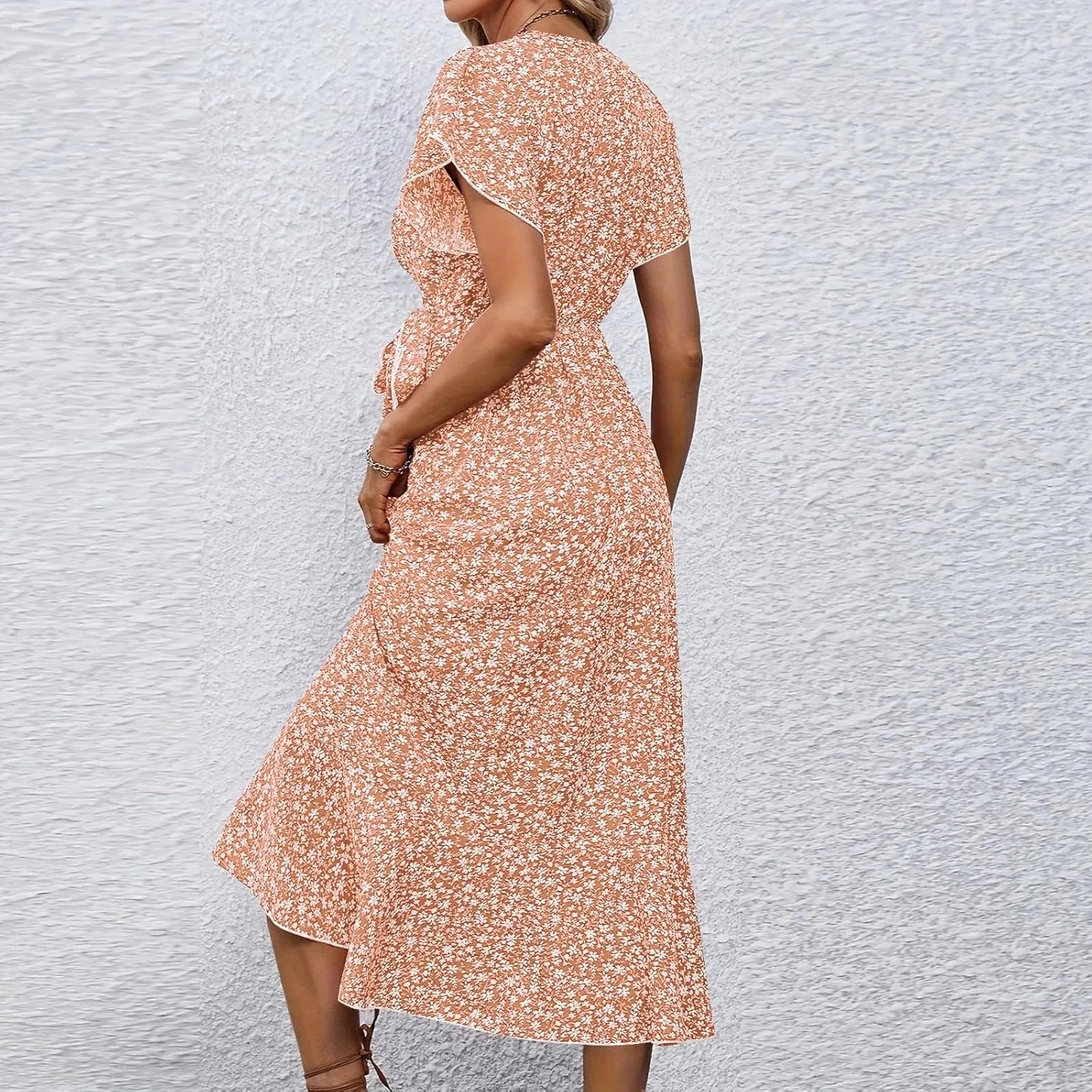 Floral Midi Dress for Women Summer V Neck Flutter Sleeve Empire Waist Belted Ruffle Midi Dress for Wedding Guest