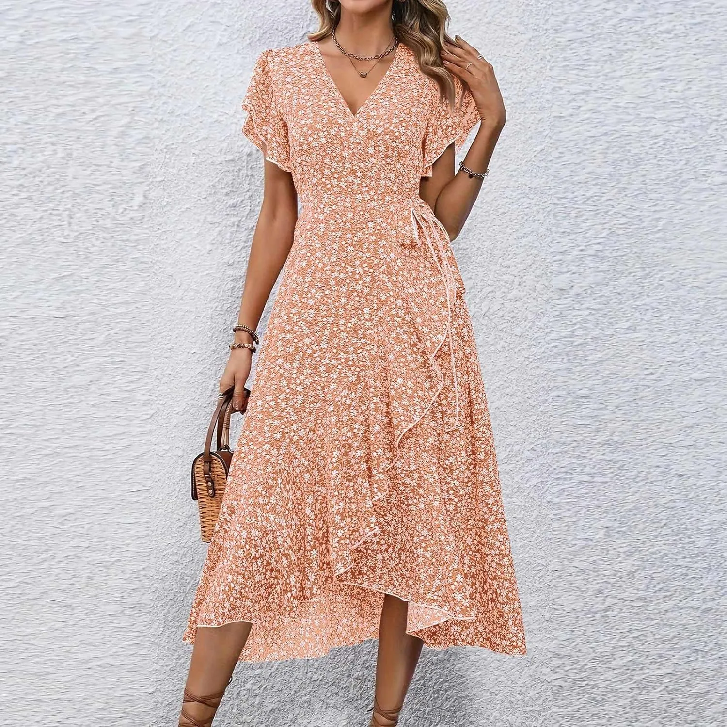 Floral Midi Dress for Women Summer V Neck Flutter Sleeve Empire Waist Belted Ruffle Midi Dress for Wedding Guest