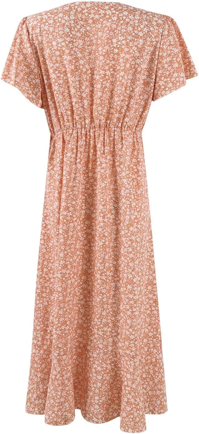 Floral Midi Dress for Women Summer V Neck Flutter Sleeve Empire Waist Belted Ruffle Midi Dress for Wedding Guest