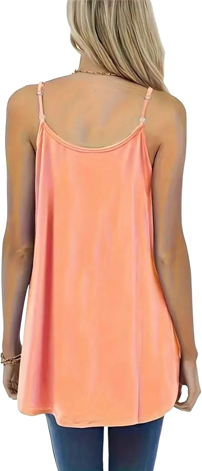 Flowy Camisole for Women Scoop Neck Adjustable Spaghetti Strap Casual Pleated Basic Tank Tops
