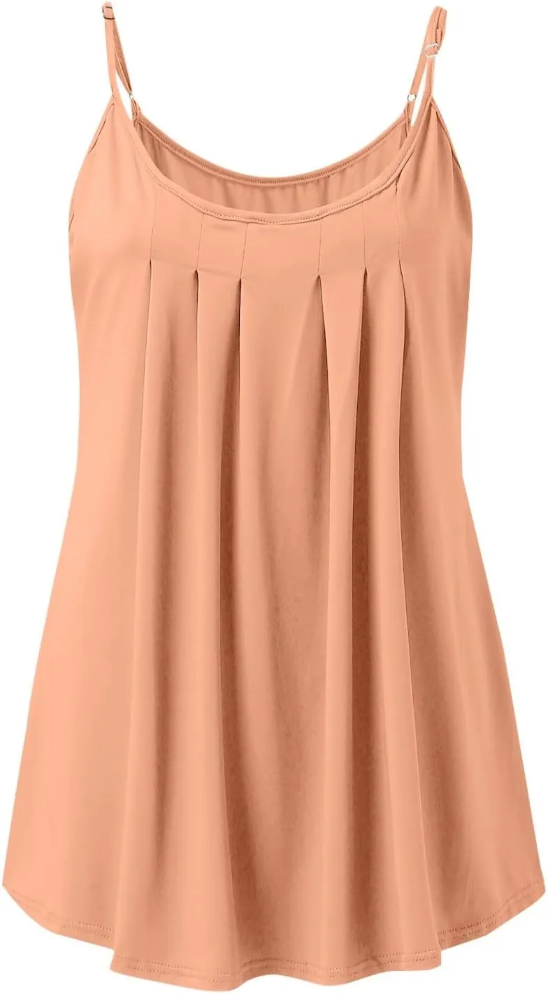 Flowy Camisole for Women Scoop Neck Adjustable Spaghetti Strap Casual Pleated Basic Tank Tops