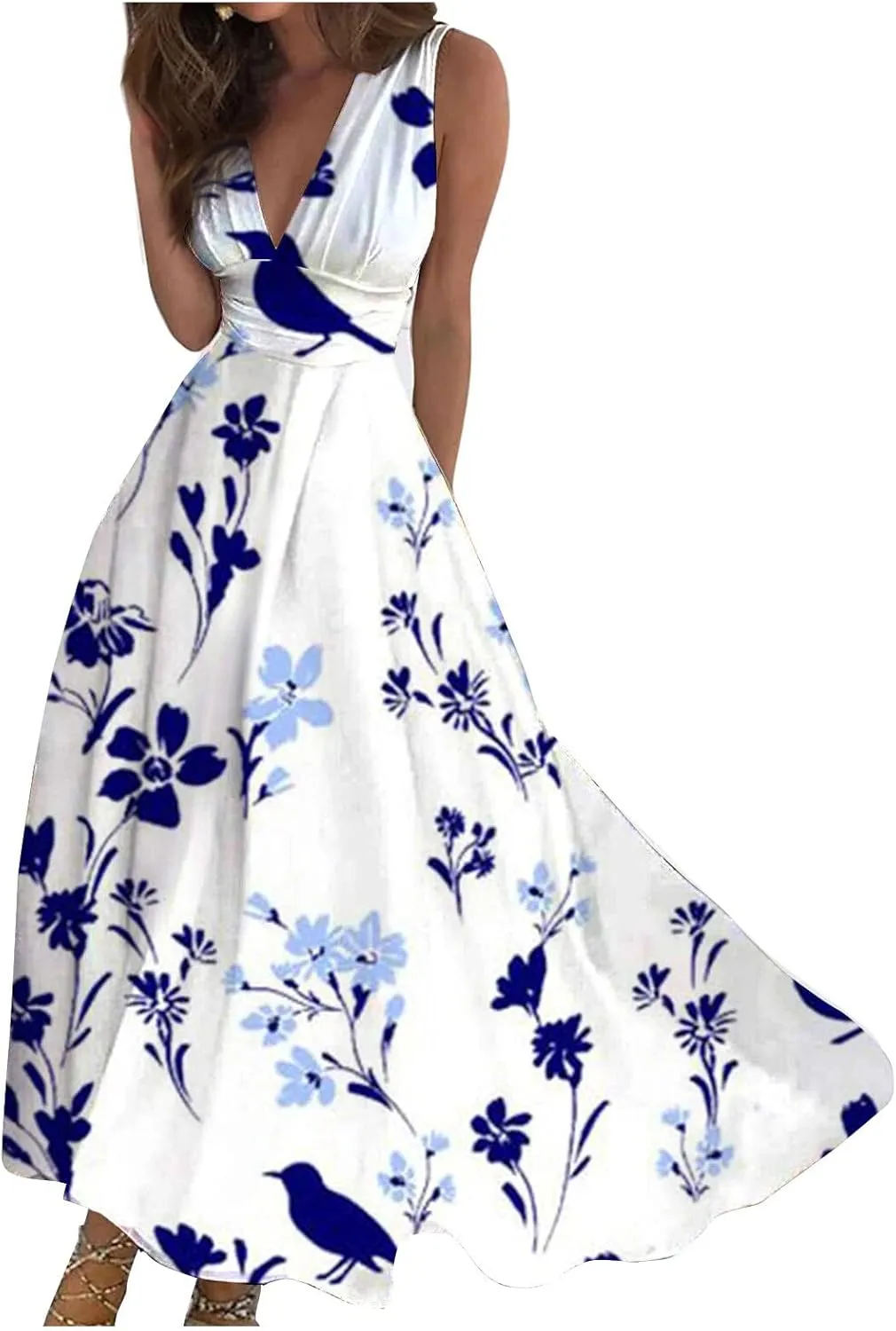Flowy Dresses for Women Deep V Neck Cute Sleeveless Long Dress Elegant Sexy Floral Dresses Swing Maxi Casual Dress