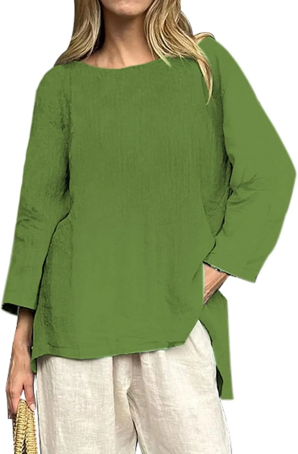 Flowy Shirt for Women Crew Neck 3/4 Sleeve Tunic Blouses Solid Color Casual Loose Fall T-Shirt Tops for Ladies Summer