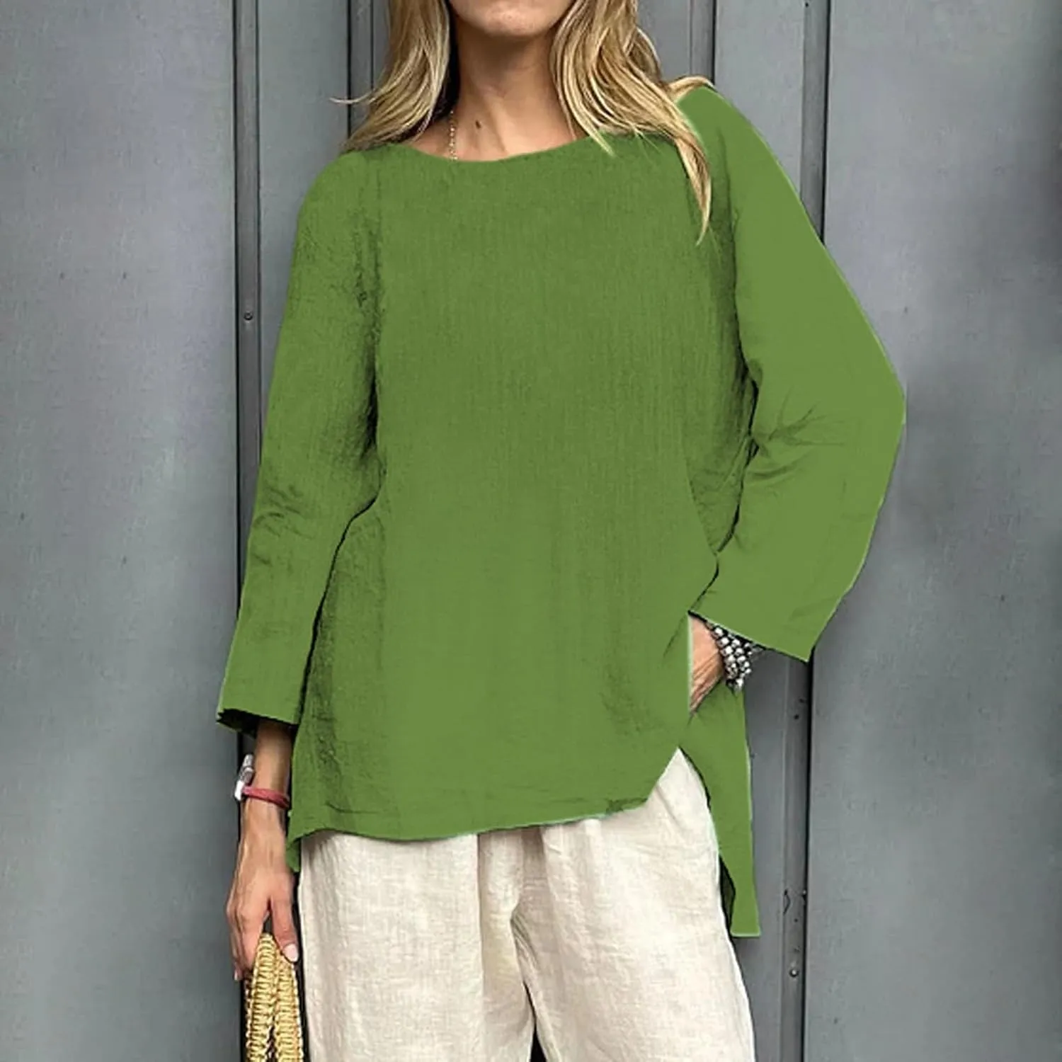 Flowy Shirt for Women Crew Neck 3/4 Sleeve Tunic Blouses Solid Color Casual Loose Fall T-Shirt Tops for Ladies Summer