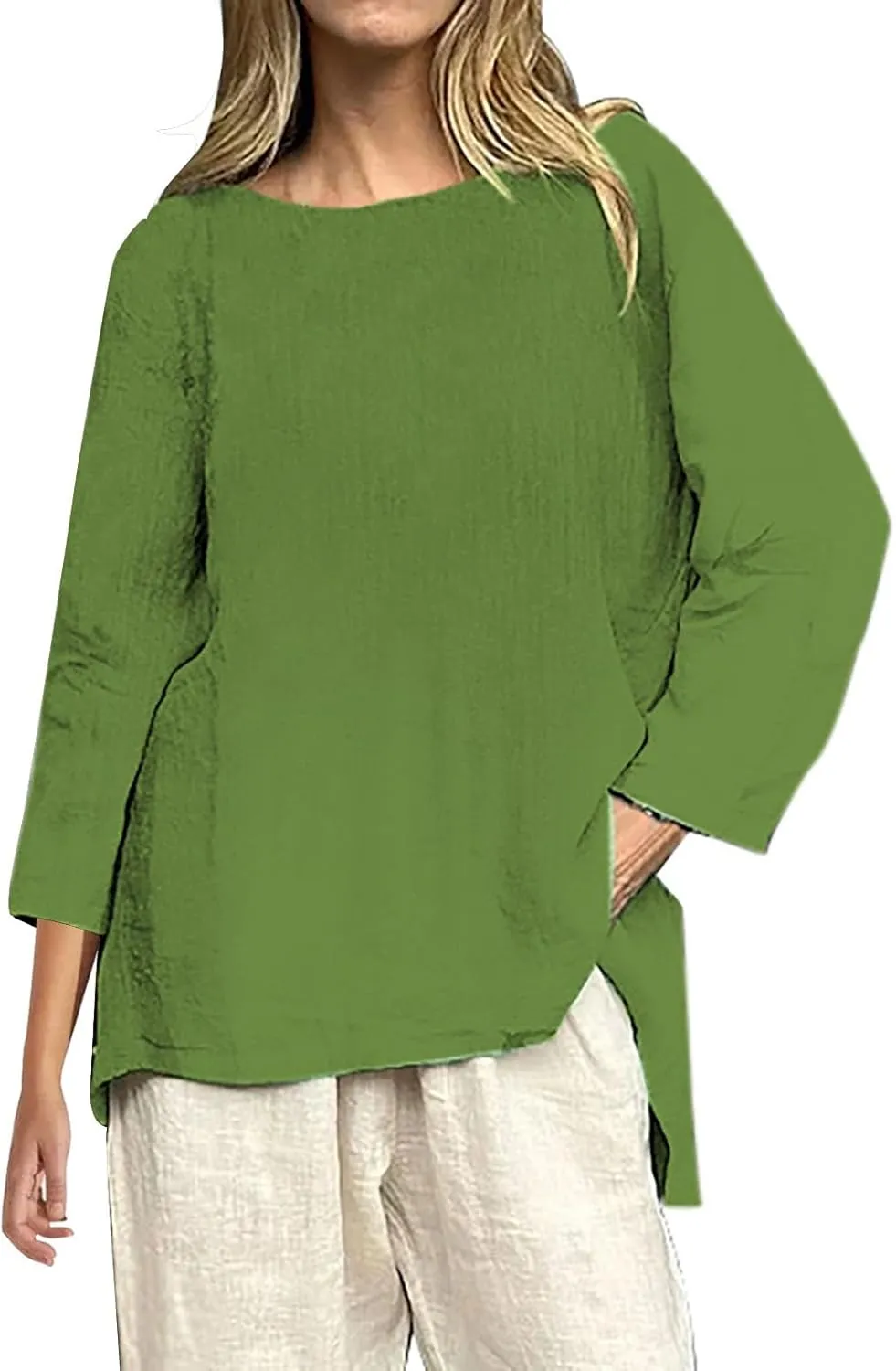 Flowy Shirt for Women Crew Neck 3/4 Sleeve Tunic Blouses Solid Color Casual Loose Fall T-Shirt Tops for Ladies Summer