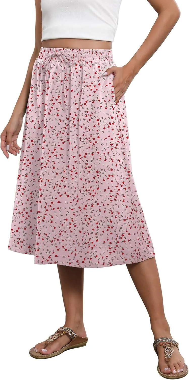 Flowy Skirt Midi Length Elastic High Waist A-Line Skirt with Pockets Boho for Women 2025 Trendy(S-2XL)