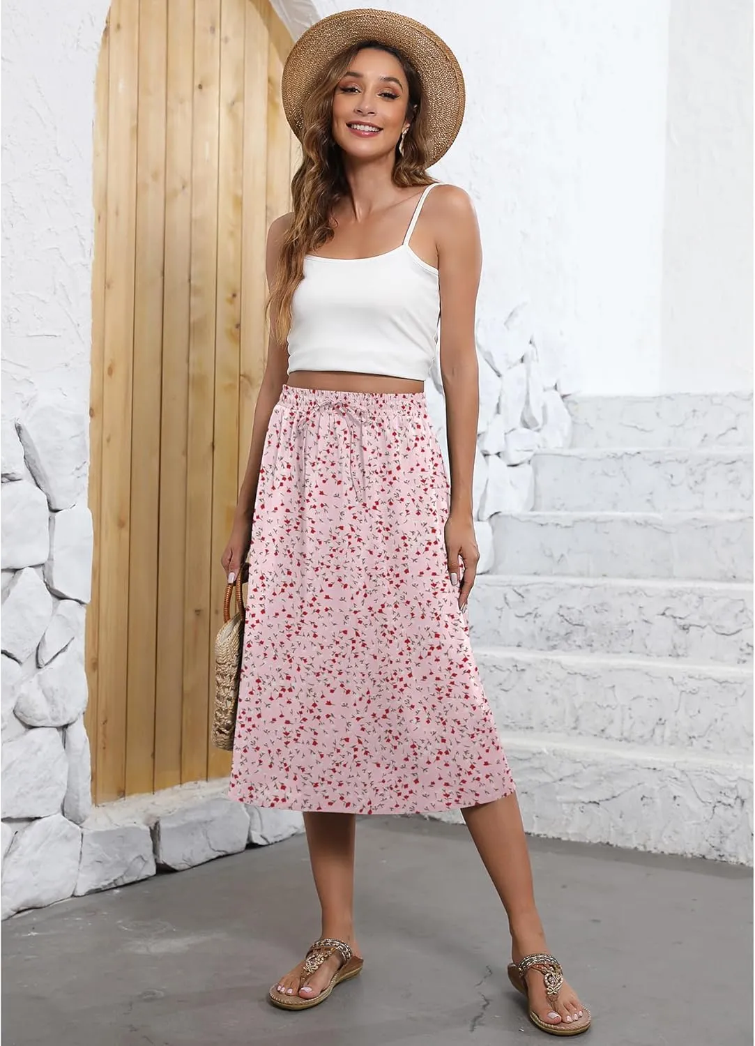 Flowy Skirt Midi Length Elastic High Waist A-Line Skirt with Pockets Boho for Women 2025 Trendy(S-2XL)