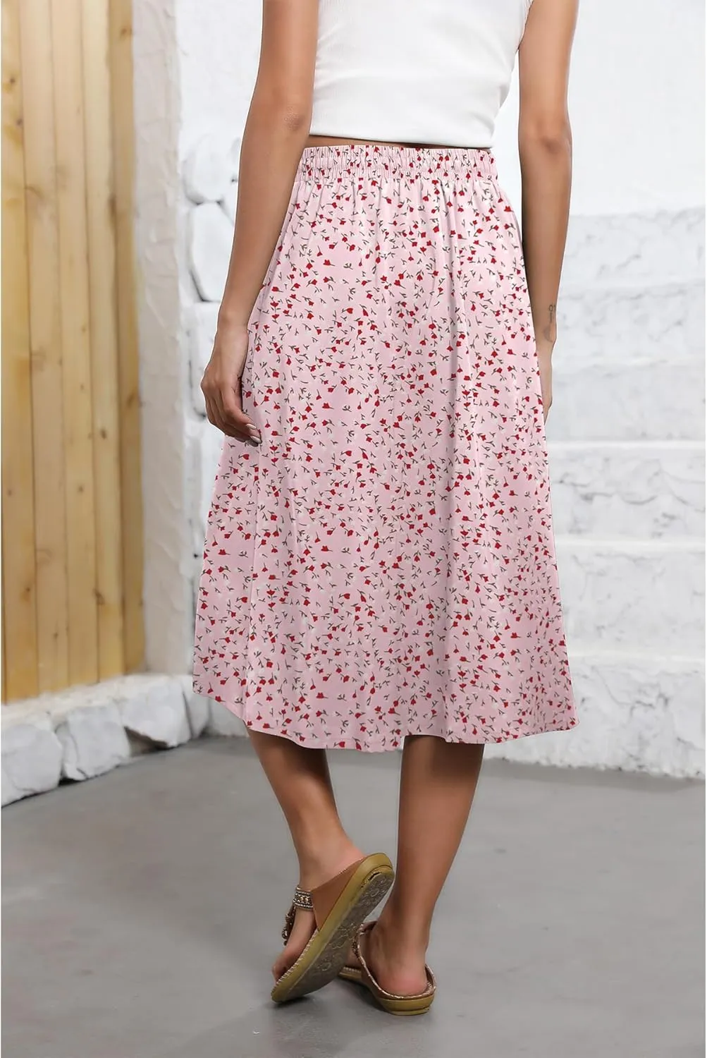 Flowy Skirt Midi Length Elastic High Waist A-Line Skirt with Pockets Boho for Women 2025 Trendy(S-2XL)