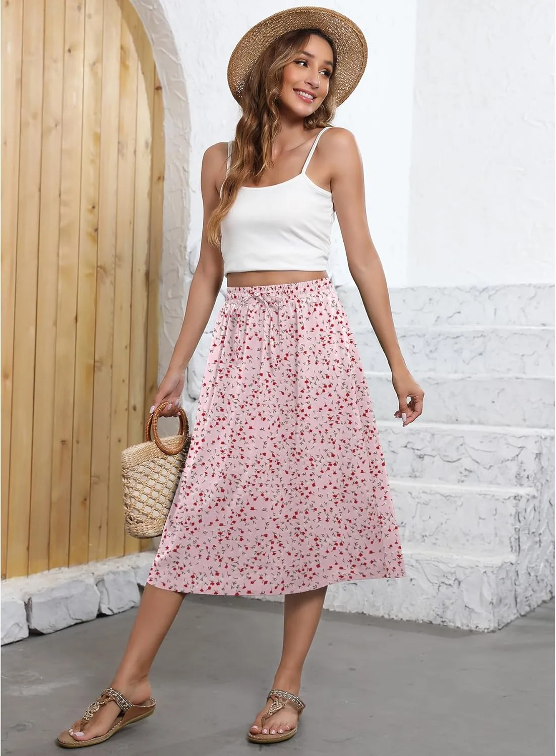 Flowy Skirt Midi Length Elastic High Waist A-Line Skirt with Pockets Boho for Women 2025 Trendy(S-2XL)