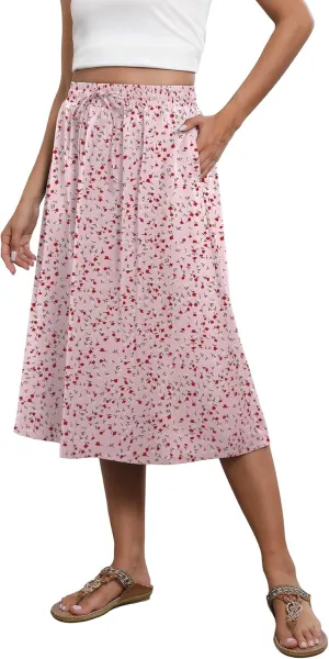 Flowy Skirt Midi Length Elastic High Waist A-Line Skirt with Pockets Boho for Women 2025 Trendy(S-2XL)