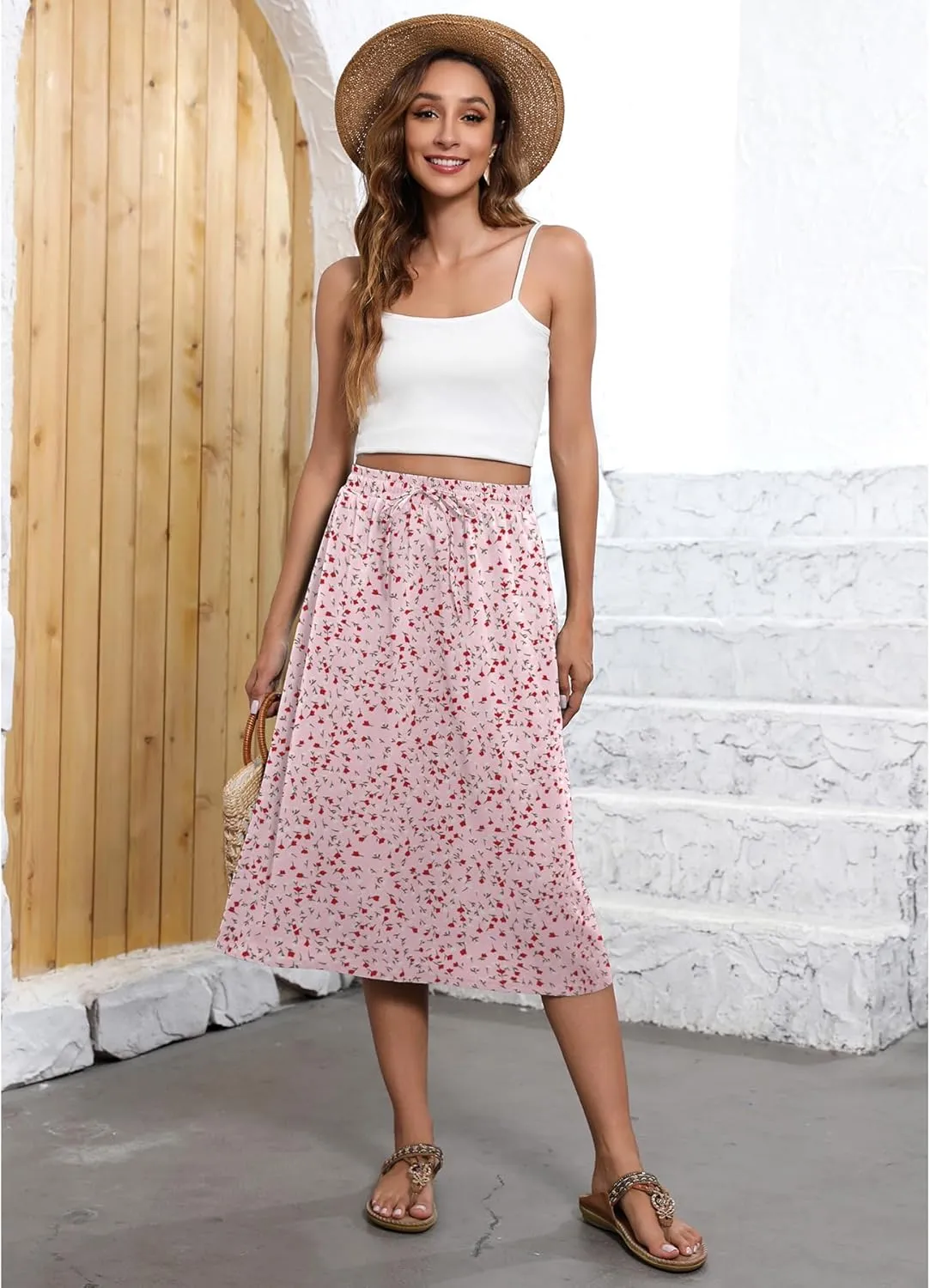 Flowy Skirt Midi Length Elastic High Waist A-Line Skirt with Pockets Boho for Women 2025 Trendy(S-2XL)
