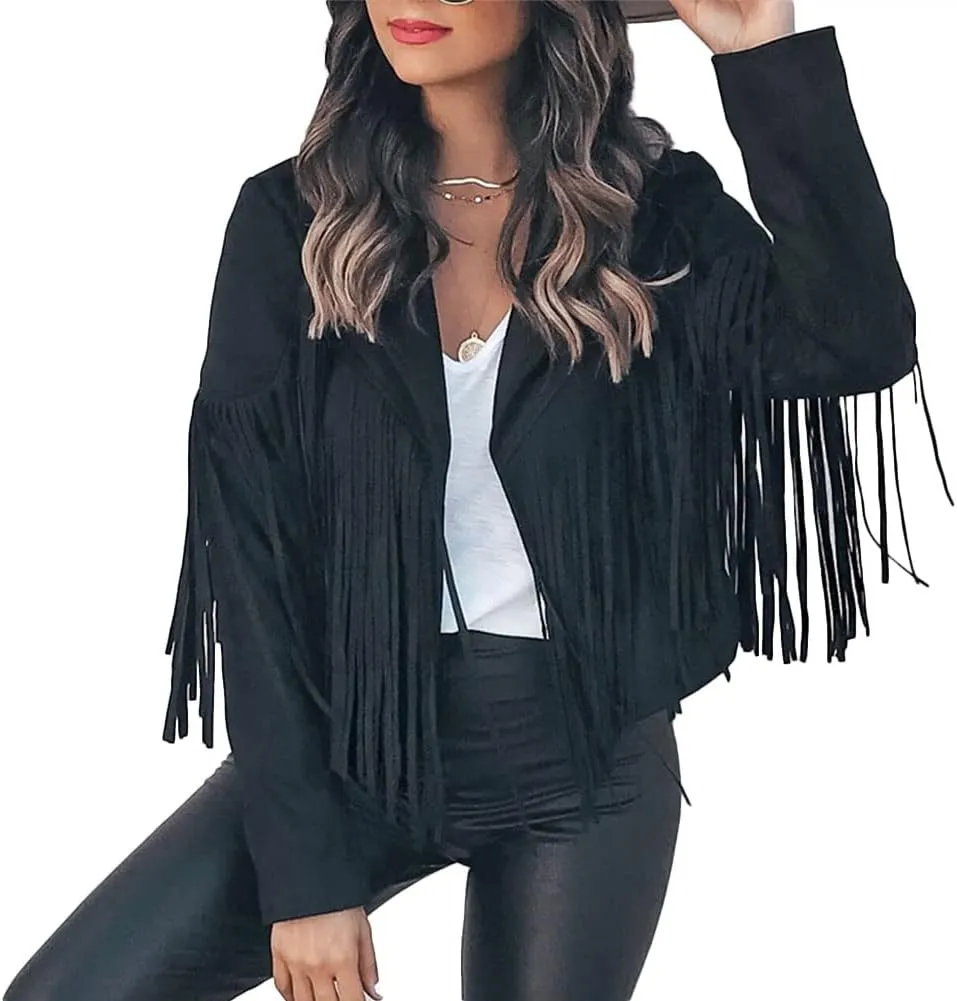 Fringe Faux Suede Leather Jackets for Women Tassel Motorcycle Moto Biker Short Open Front Tassel Coat